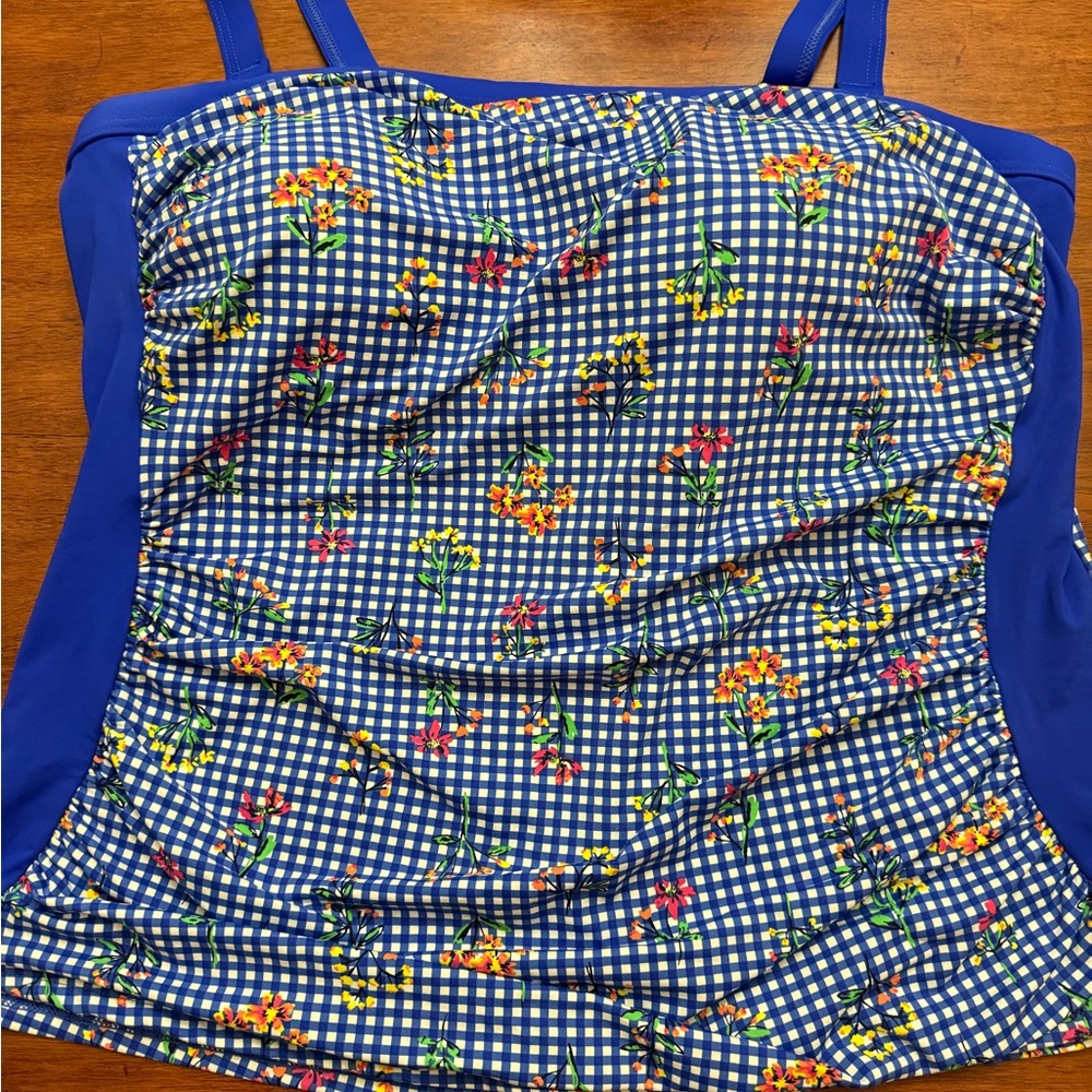 Lands' End Blue Gingham Floral Top